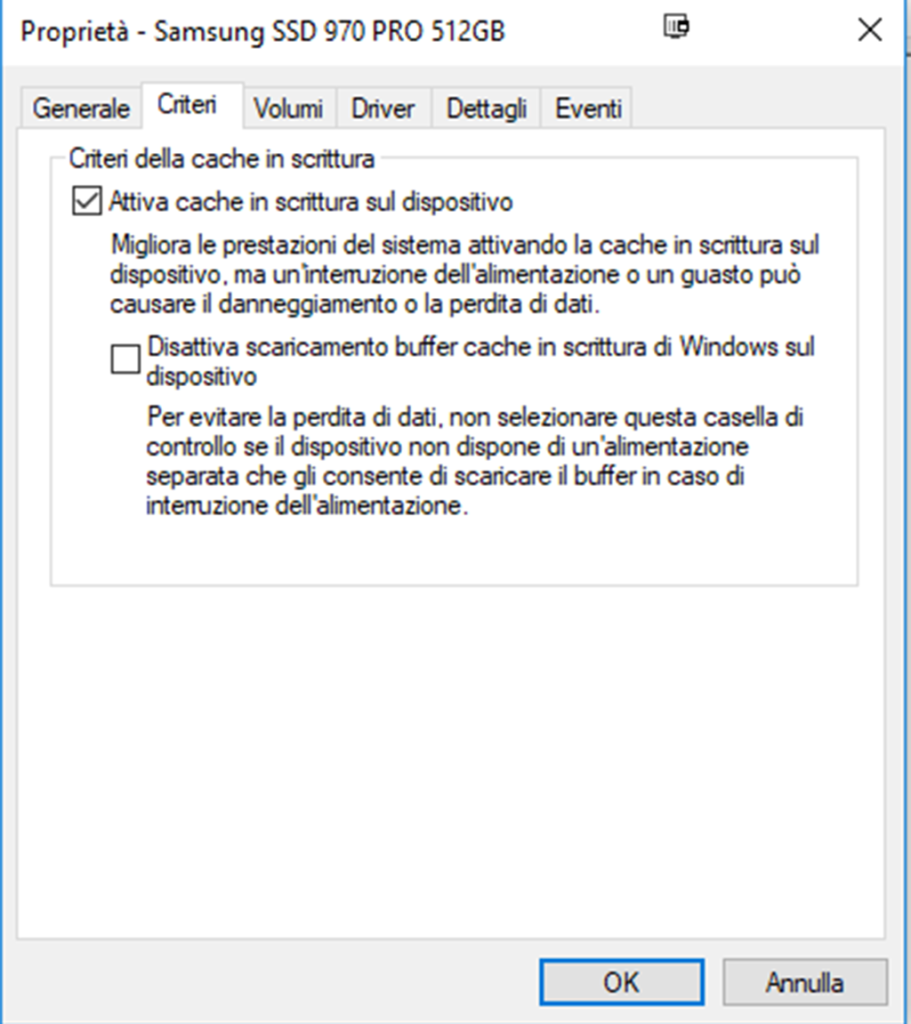 SSD Windows 10 Abilita Scrittura Caching